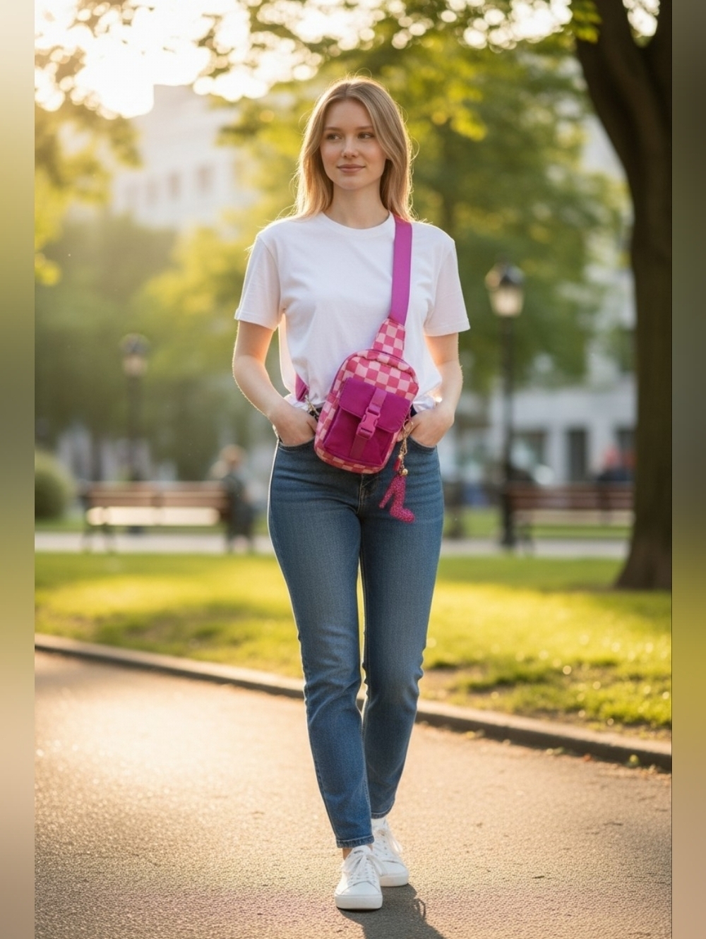 Pink Checkered Crossbody/Sling Bag with Bag Charm